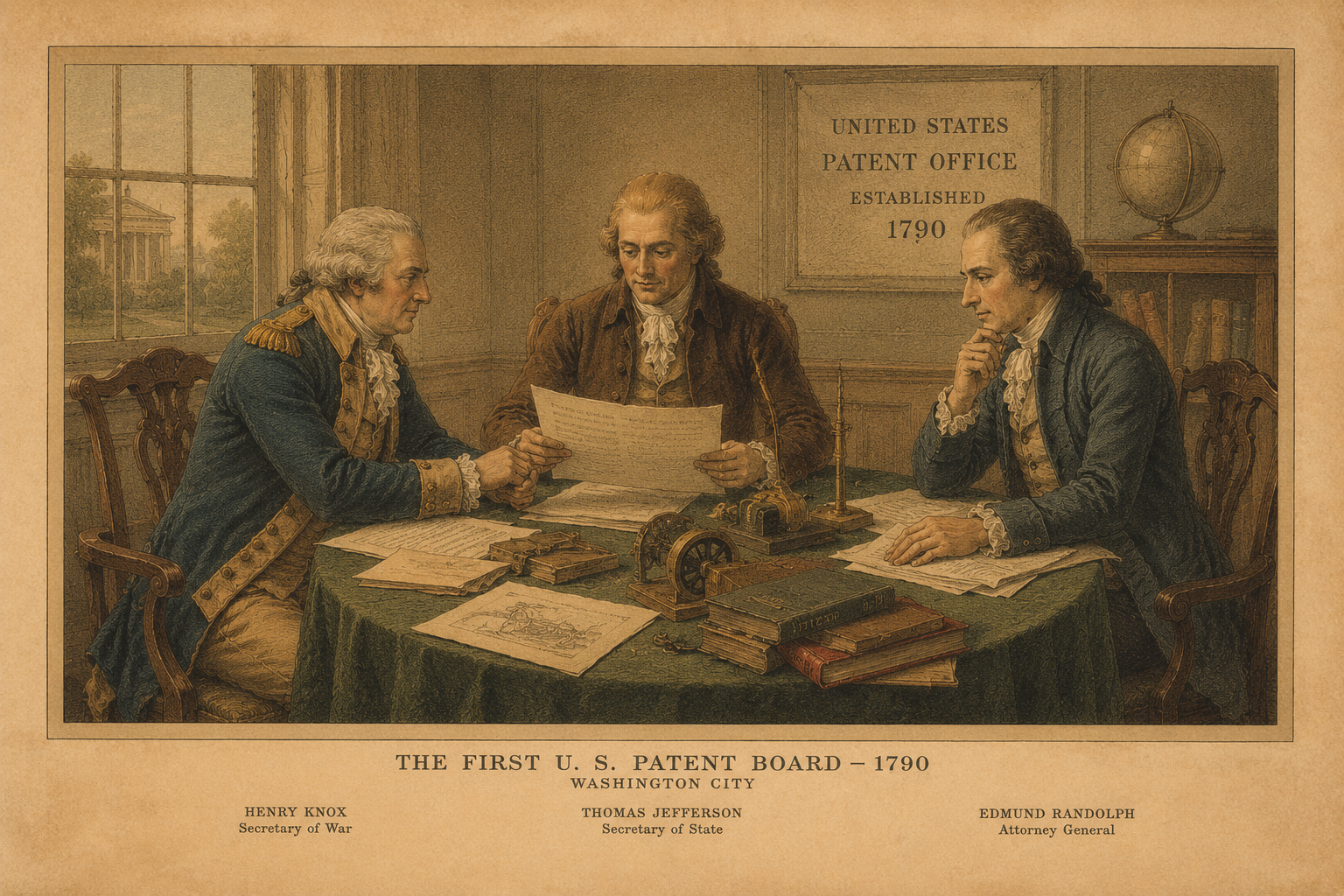 The First U.S. Patent Board, 1790 — Henry Knox, Thomas Jefferson, and Edmund Randolph reviewing patent applications in Washington City.